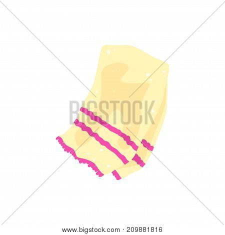 Beige beach terry towel with pink stripes. Beach or bathroom, swimmer accessory in flat style. Summer travel. Bath, beach, spa, pool icon. Cartoon vector illustration isolated on white background.