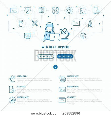 Web developer is working overtime with laptop and headphones with thin line icons of programming, graphic design, mobile app, strategy, artificial intelligence, optimization, analytics. Vector illustration for template of web page.