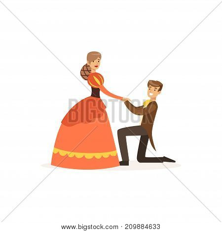 Couple of artists play in theatrical dramatic performance on stage. Woman in dress, man in tailcoat standing on knee. Professionals at work. Cartoon actor character. Flat vector isolated on white