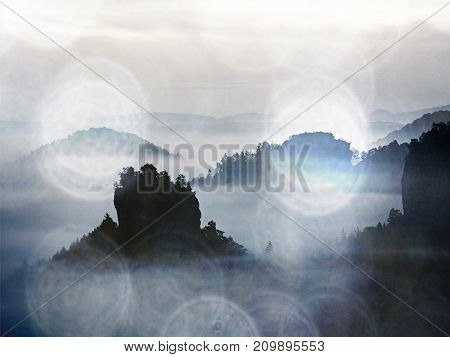 View Into Misty Valley. High Trees And Rocky Peaks Increased From Thick Fog.  The First Sun Rays Cre