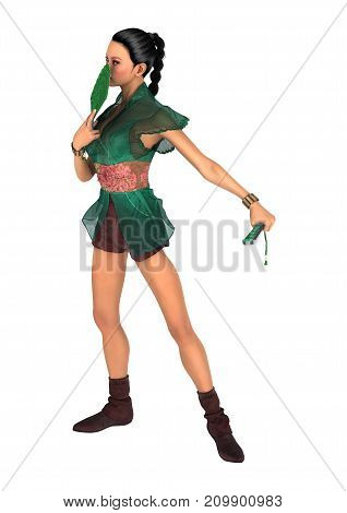 3D Rendering Asian Woman With Battle Fans On White