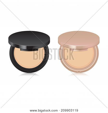 Set of makeup nude powder color in case. Opened box isolated on white background. Mock up template for your design