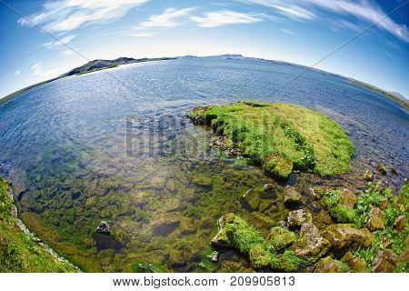 Panoramic view on tne Thingvallavatn lake in Thingvellir National Park, largest natural lake in Iceland. Travel to Iceland.