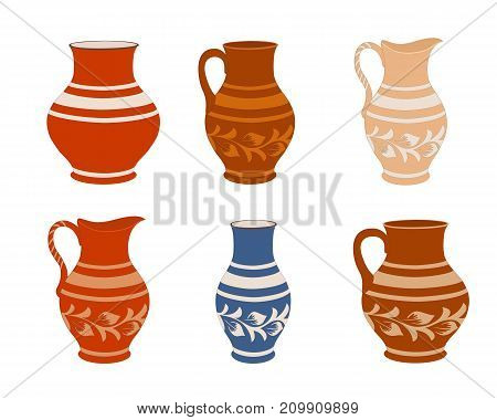 Set of ceramic crockery. Collection jugs in different variation. Rustic pottery utensils colorful vector illustration for your design. Horizontal location.