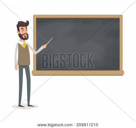 The teacher in the classroom near the blackboard is teaching a lesson. A young professor at the university is giving a lecture. A man with a beard with a pointer teaches