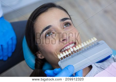 Overhead view of dentist holding medical equipment while examining woman at clinic