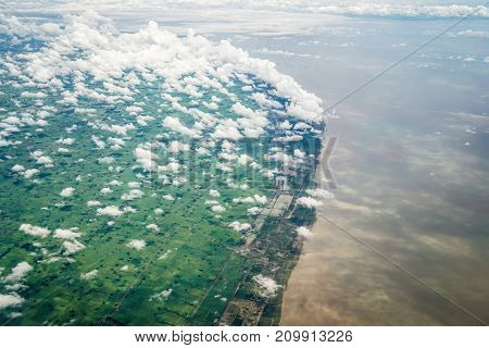 aerial view Myanmar landscape from the airplane, cloud, land, river, architecture