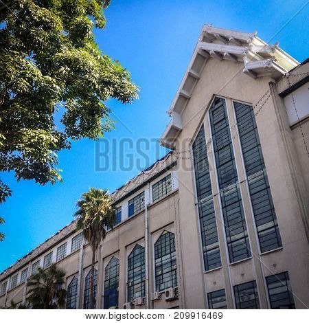 Old antique palace in town with clear blue sky.