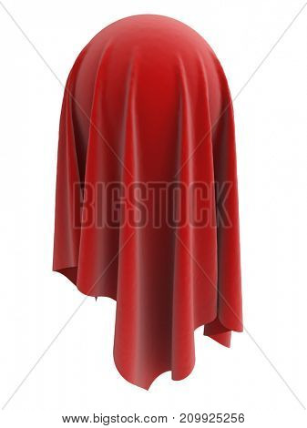 Sphere covered with red velvet cloth on white background. 3D illustration. Unveiling concept.