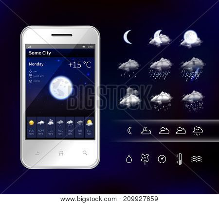 Smartphone weather app widgets with detailed hourly forecast accurate information service realistic image dark background vector illustration