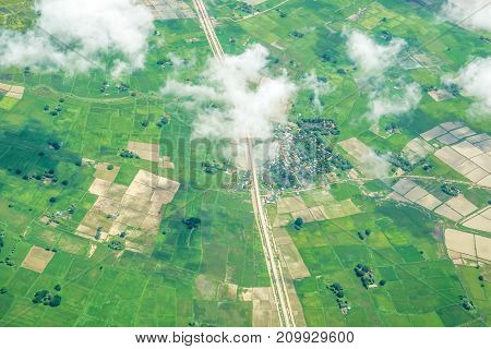 aerial view Myanmar landscape from the airplane, cloud, land, river, architecture