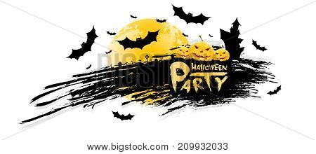 Grungy Halloween Party Background. Holiday Card with Pumpkins, Cemetery Moon and Hauned House.