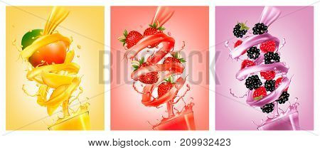 Set of labels of of fruit in juice splashes. Mango strawberry raspberry blackberry. Vector.