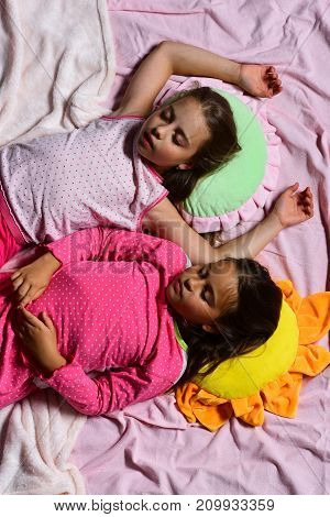 Kids With Sleepy Faces Have Rest In Bed. Morning Time