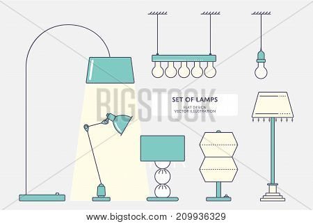 Ceiling light, floor and table lamp. Big set. Flat stroke design Vector illustration