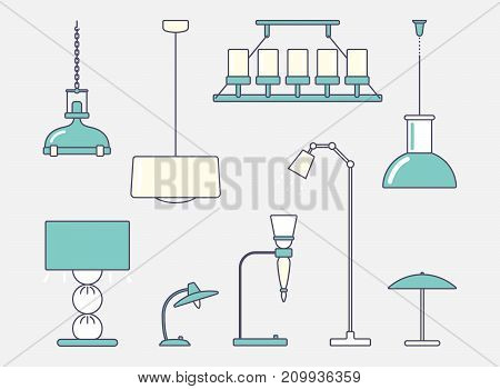 Ceiling light, floor and table lamp. Big set. Flat stroke design Vector illustration