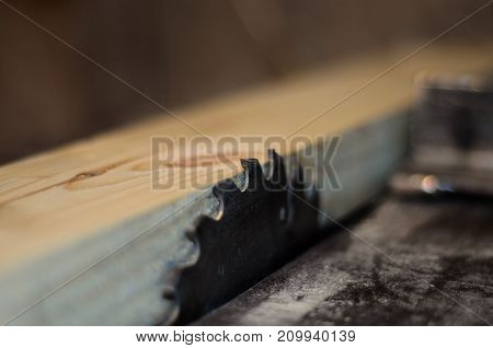Board On A Table Of Circular Saw. Selective Focus