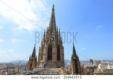 Cathedral front facade, Old Town Barcelona, Spain. Barcelona Cathedral of the Holy Cross and Saint Eulalia was built in 14th century in Old City Ciutat Vella Barcelona.