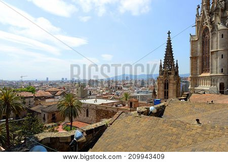 Barcelona Cathedral Main Tower and Old Town Barcelona, from top of the Barcelona Cathedral, Barcelona, Catalonia, Spain.