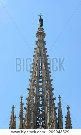 Cathedral front facade, Old Town Barcelona, Spain. Barcelona Cathedral of the Holy Cross and Saint Eulalia was built in 14th century in Old City Ciutat Vella Barcelona.