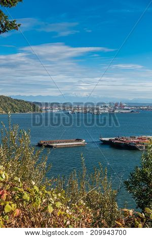 A view of the Port of Tacoma and Mount Rainier.