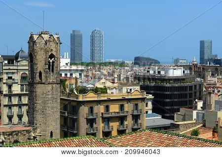Octagonal Bell Tower of Barcelona Cathedral, Old Town Barcelona, Spain. Barcelona Cathedral was built in 14th century with Gothic style in Old City Ciutat Vella Barcelona, Catalonia, Spain.