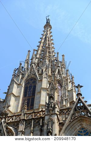 Cathedral front facade, Old Town Barcelona, Spain. Barcelona Cathedral of the Holy Cross and Saint Eulalia was built in 14th century in Old City Ciutat Vella Barcelona.