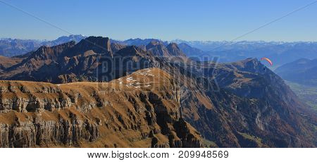 View from mount Chaeserrugg Switzerland. Rugged mountains.