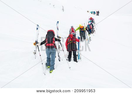 Group of cross-country skiers ascending a steep slope. Line of people in winter fairytale.