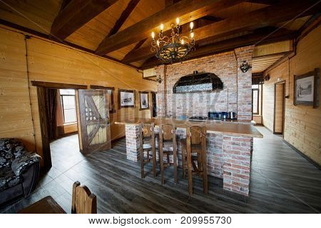 PERESLAVL ZALESSKY, RUSSIA - AUG 28, 2017: Interior of kitchen room in guest house of tourist complex Botik at Plescheevo lake shore, near Museum Botik of Peter the Great.