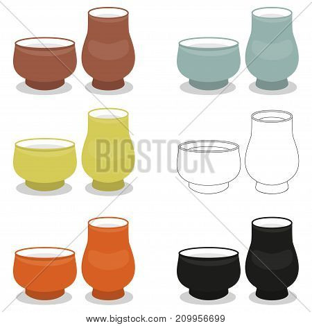 Chinese utensil illustration set. Aroma tea cup or bowl pair sets of different cly types. Vector illustration can be used as sticker, badge, sign, stamp, logo, banner, icon or label.