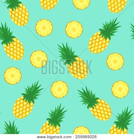 Seamless pattern with pineapples. Pineapple and slices of pineapple on blue background. Bright summer fruits illustration. Fruit design for fabric and decor.