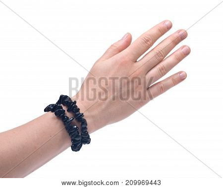 Black Tourmaline Bracelet on woman's wrist isolated on white background