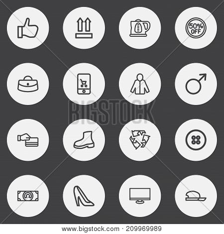 Set Of 16 Editable Trade Outline Icons. Includes Symbols Such As Thumb Up, Qr Code, Cardigan And More