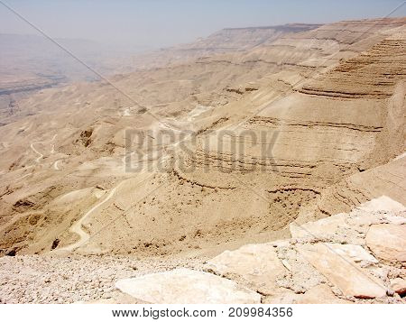 Landscape view of Jordanian Valley from mount Nebo in Jordan with israel border view