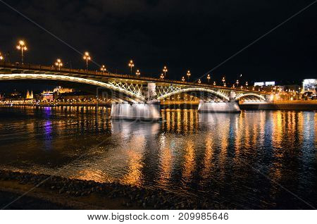 Margit (Margaret) bridge and the Danube river. Night view. Budapest, Hungary