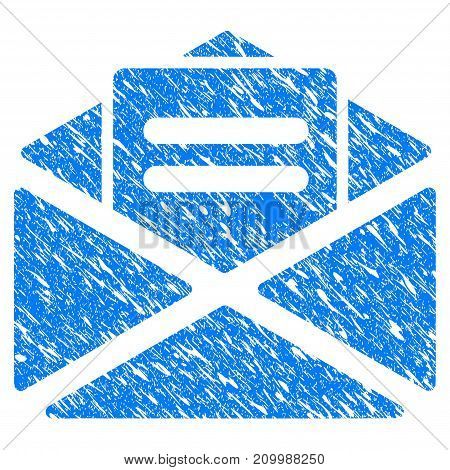 Grunge Mail icon with scratched design and dirty texture. Unclean vector blue Mail pictogram for rubber seal stamp imitations and watermarks. Draft sticker symbol.