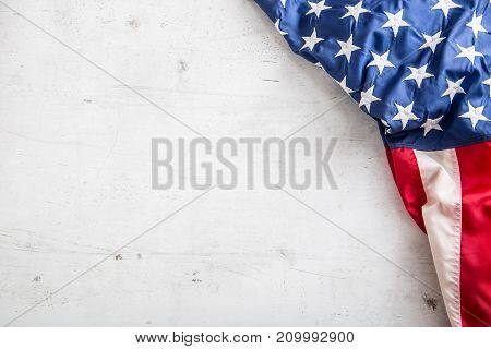 Usa Flag. American Flag. Top Of View American Flag Freely Lying On White Concrete Background. Close-