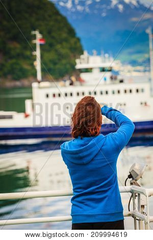 Tourist Woman On Liner Taking Photo, Norway
