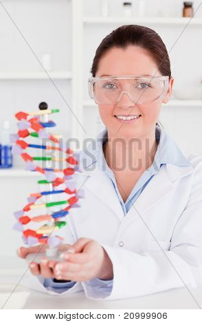 Portræt af en sød videnskabsmand viser dna dobbelt helix model