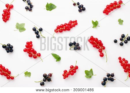 Red and black currants on white background, close up