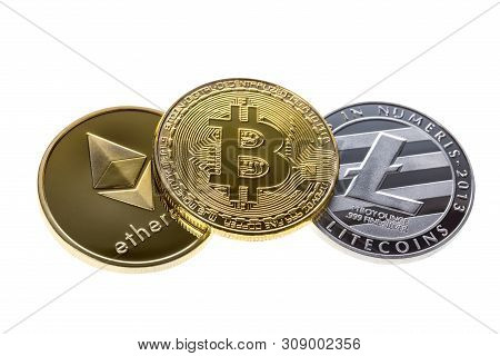 Bitcoin, Ethereum And Litecoin Coins Isolated On White Background. Close Up With Selective Focus