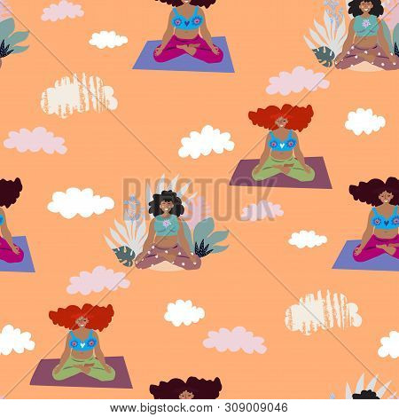 Female Yoga.  Cute Seamless Pattern With   Beautiful Cartoon Woman In Various Poses Of Yoga,  Vector