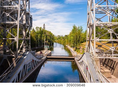 Kawartha Lakes, Canada - June 22, 2018: The Kirkfield Lift Lock, Seen From Above One Of Its Boat Bas