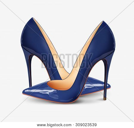 Pair Of Blue Female Pumps On A White Background, Sexy Shoes, Classic. High-heeled Shoes, Blue Patent