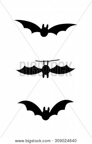Bats Icon Set. Bat Black Silhouette With Wings Isolated White Background. Symbol Halloween Holiday, 