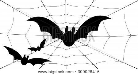 Bat Icons Set. Bat Wings, Black Web Silhouette Isolated White Background. Symbol Halloween Holiday, 