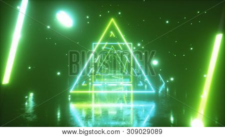Flying Through Glowing Neon Triangles With Metal Floor Creating A Tunnel With Fog, Blue Green Spectr