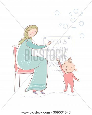 Young Muslim Mother Wearing A Headscarf And Traditional Muslim Dress Teaching Her Young Daughter Num