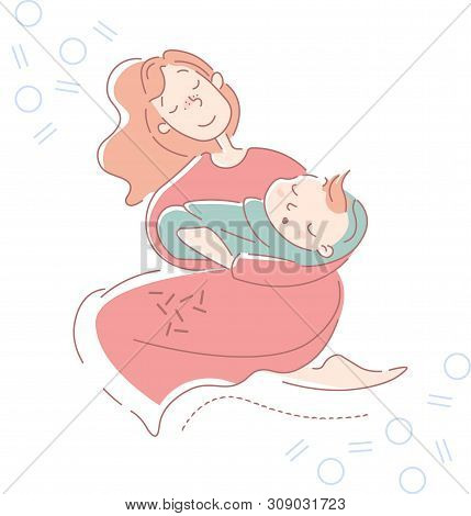 Young Mother Rocking Her Baby Son Wrapped In A Blue Blanket To Sleep In Her Arms With A Tender Smile